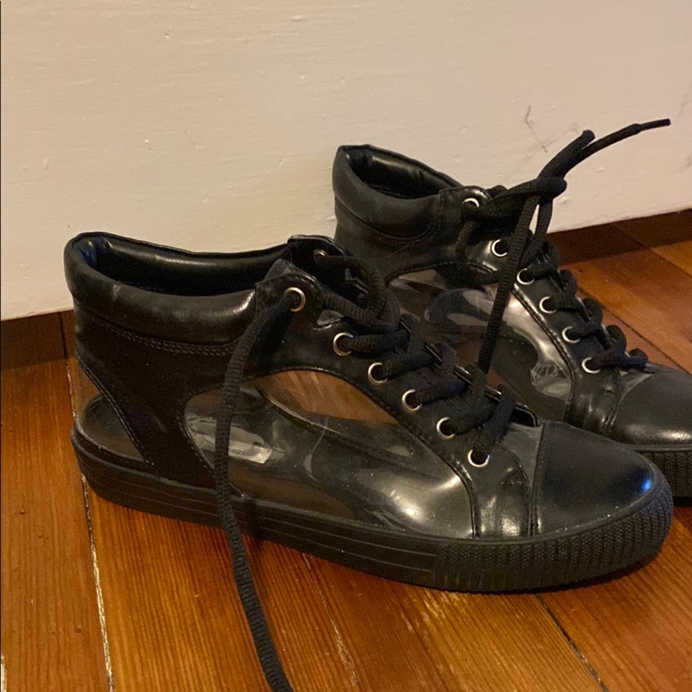 BCBG Black faux leather sneakers with Transparent Design